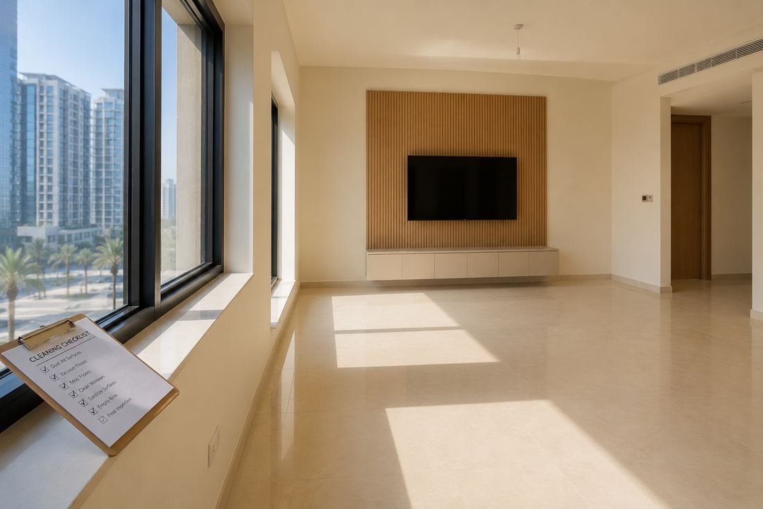 Empty apartment ready for move-out inspection with a cleaning checklist on the windowsill