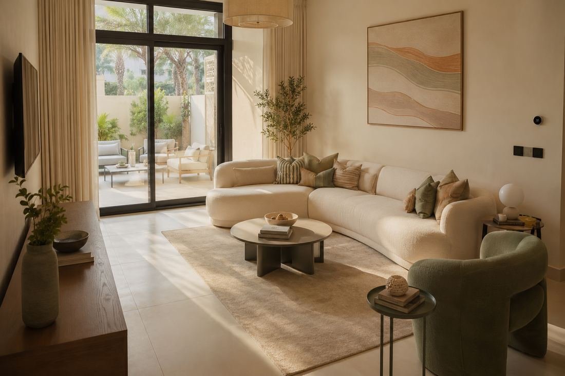 Bright, tidy Dubai villa living room after a deep clean