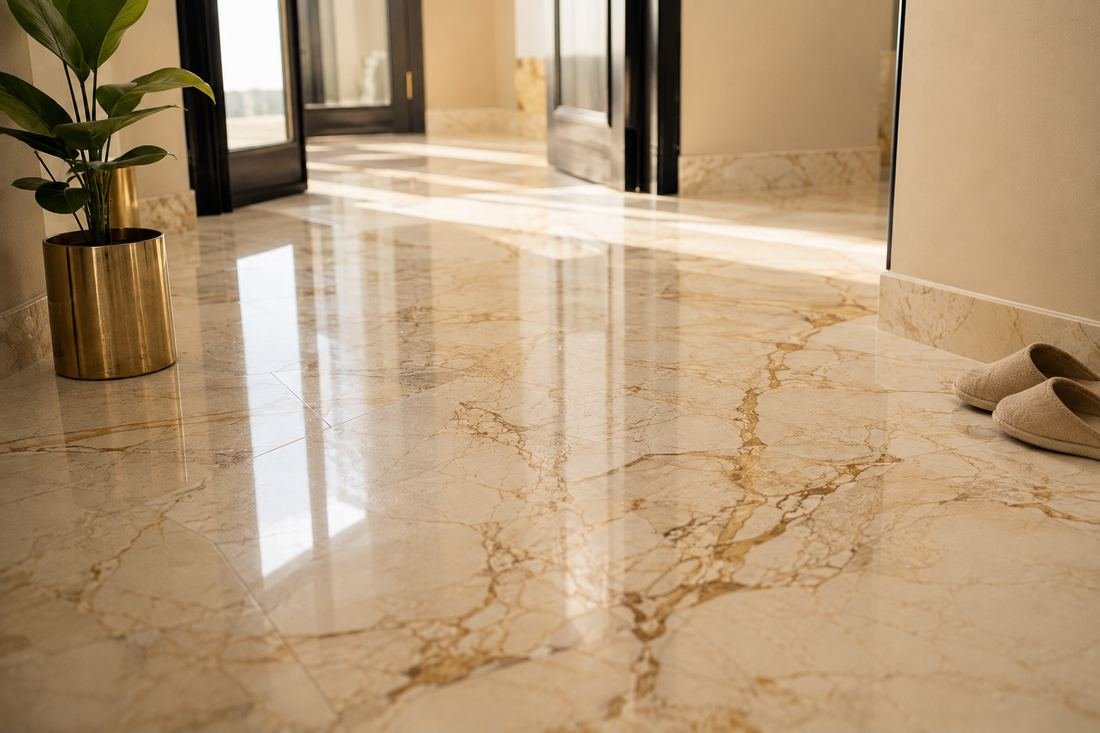 Polished, glossy marble hallway floor in a Dubai home