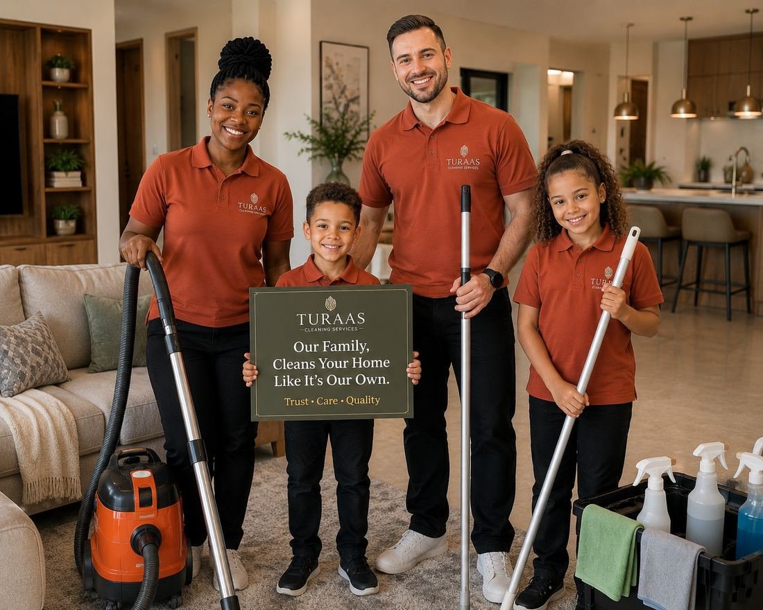 The Turaas family cleaning team holding a sign that reads Our Family Cleans Your Home Like It's Our Own
