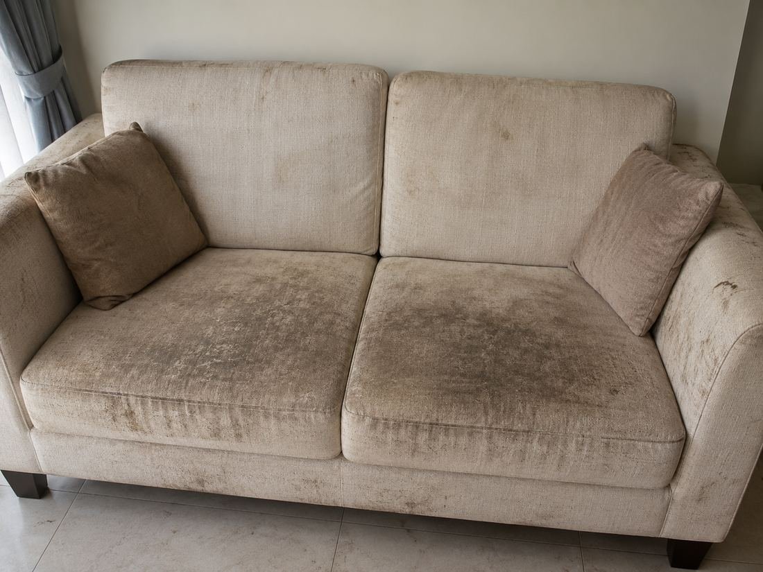 Sofa cushions with heavy dirt and stains before a professional clean
